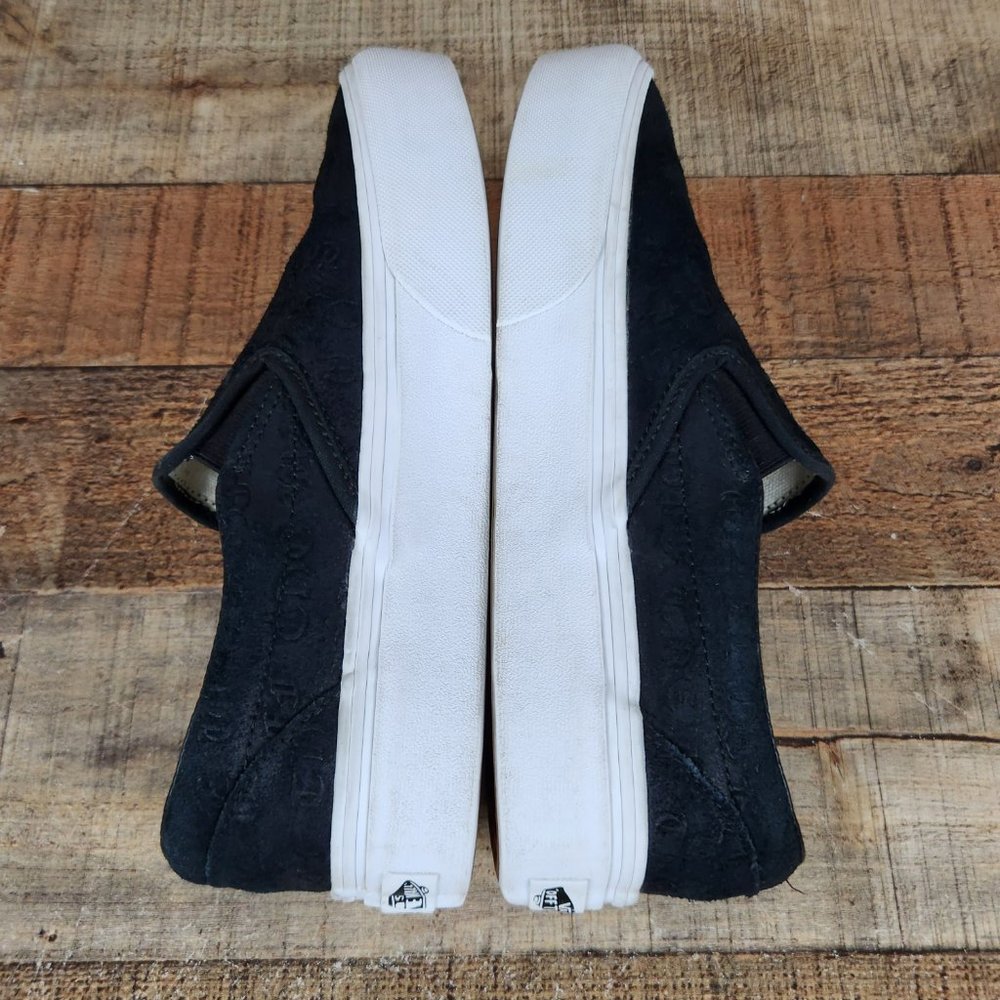 Vans Slip On Platform‎ Women Sz 6 Suede Embossed Letters Casual Classic Black - Picture 7 of 10